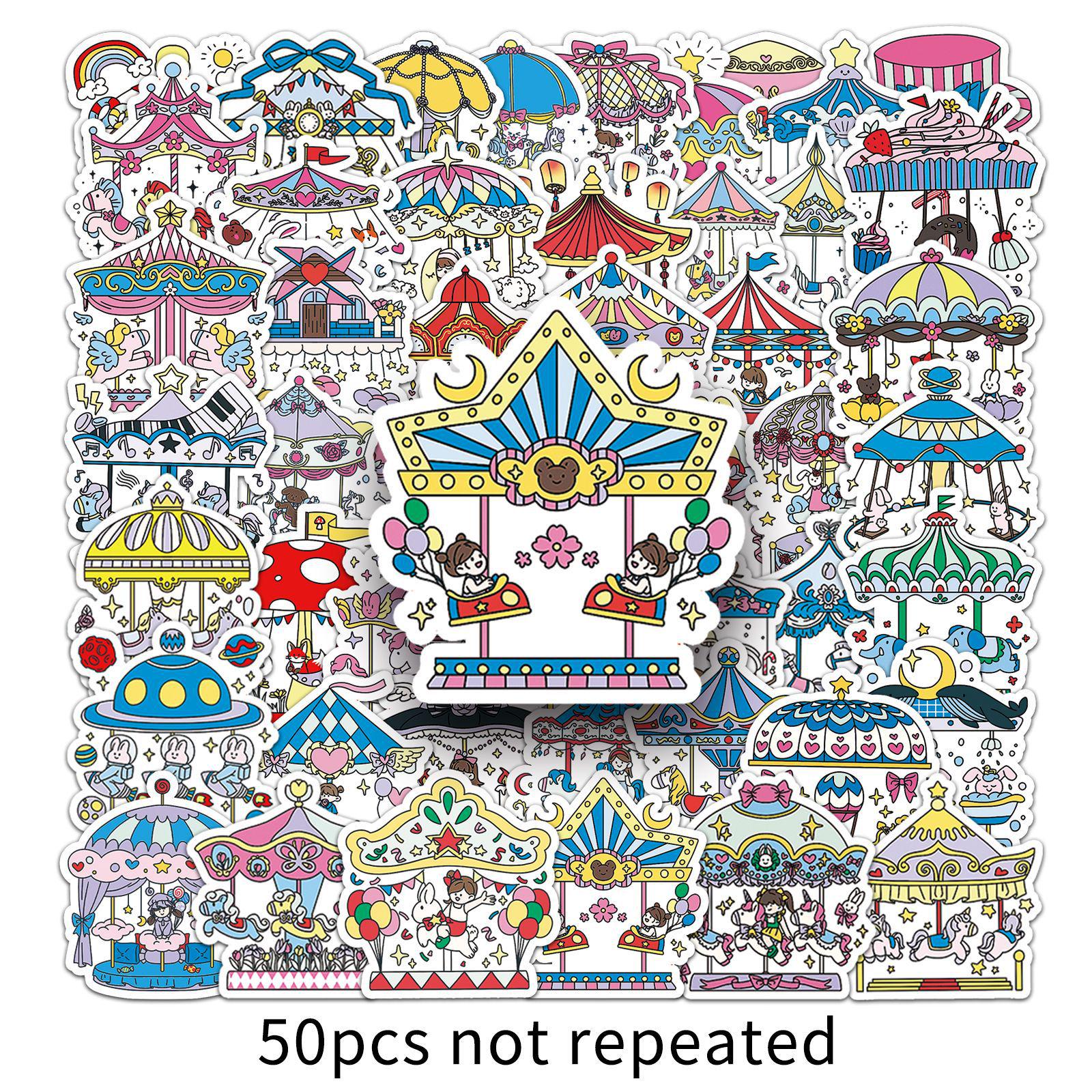 50 Hand-Drawn Amusement Park Carousel Planner Stickers