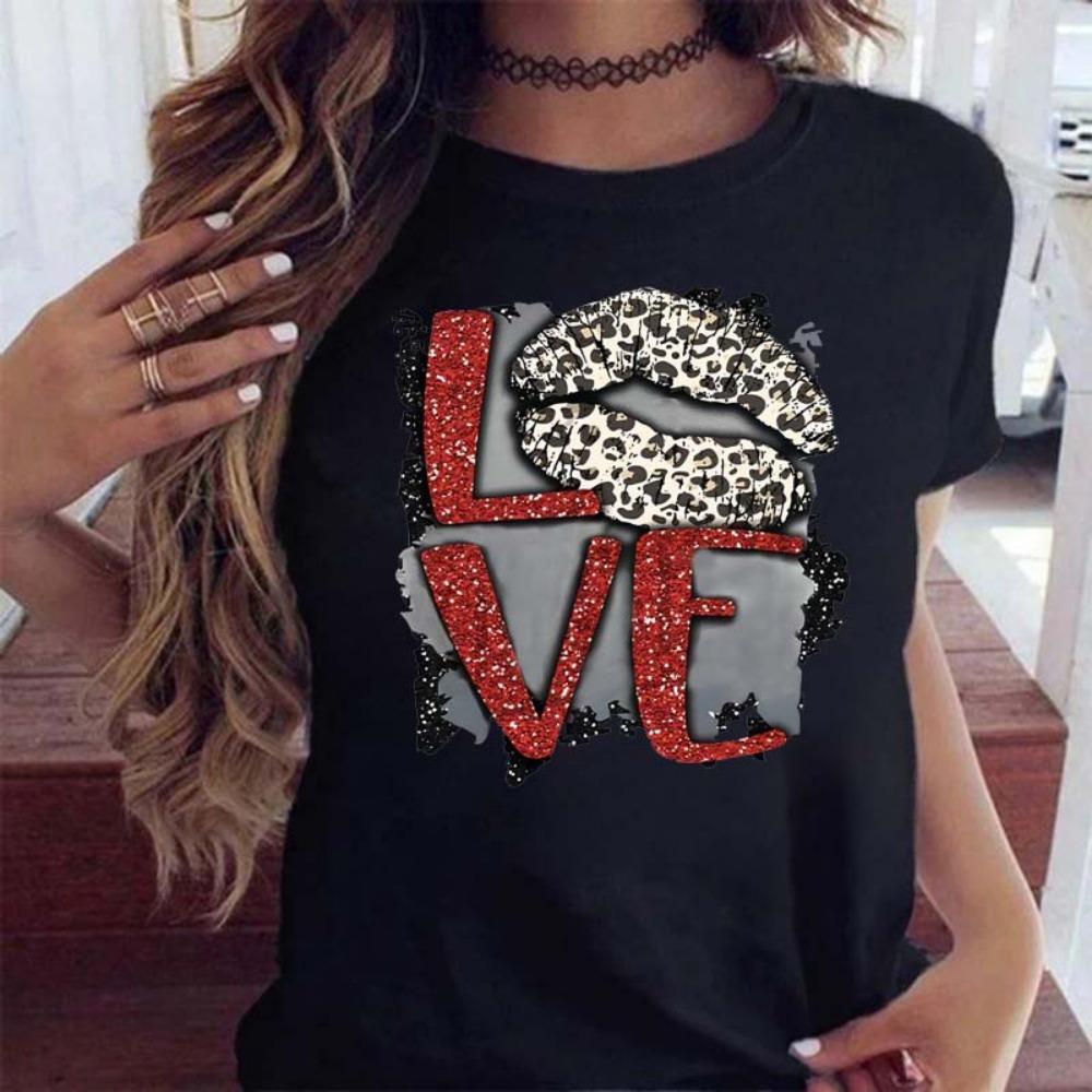 New Women Pink Lips Leopard Graphic T Shirt Casual Fahion O-neck Sexy Black Tees Kiss Lip Funny Girls Tshirt