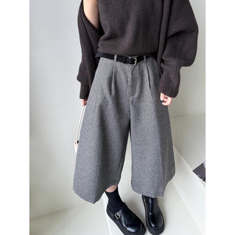 Ju Zhi Early Autumn Plaid Wool Wide-Leg Retro Houndstooth Pants
