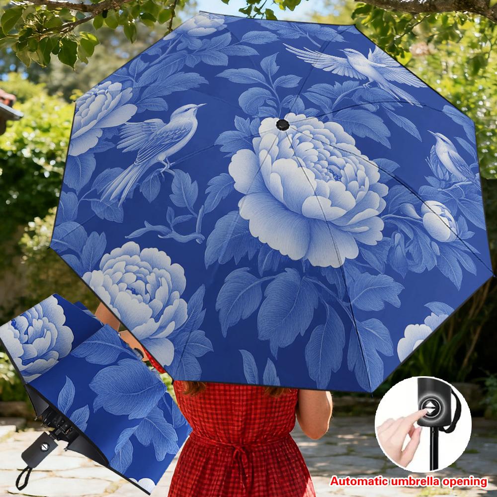 

1pc Blue Peonies & Birds Floral Umbrella - Automatic Open/Close, Lightweight Compact Folding Umbrella with Reinforced Frame, 8