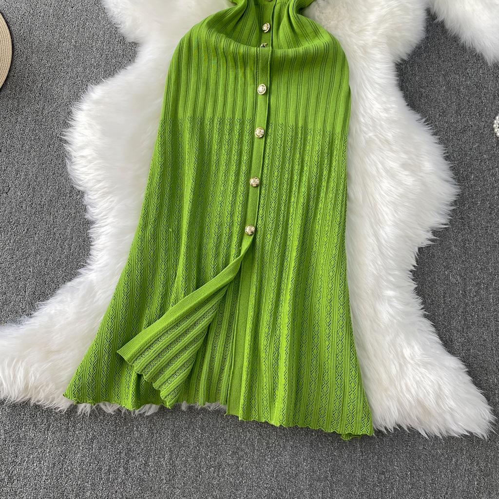 Summer Women O-neck Sleeveless Single Breasted Knitted Mid-calf Slim Tank Sweater Dresses