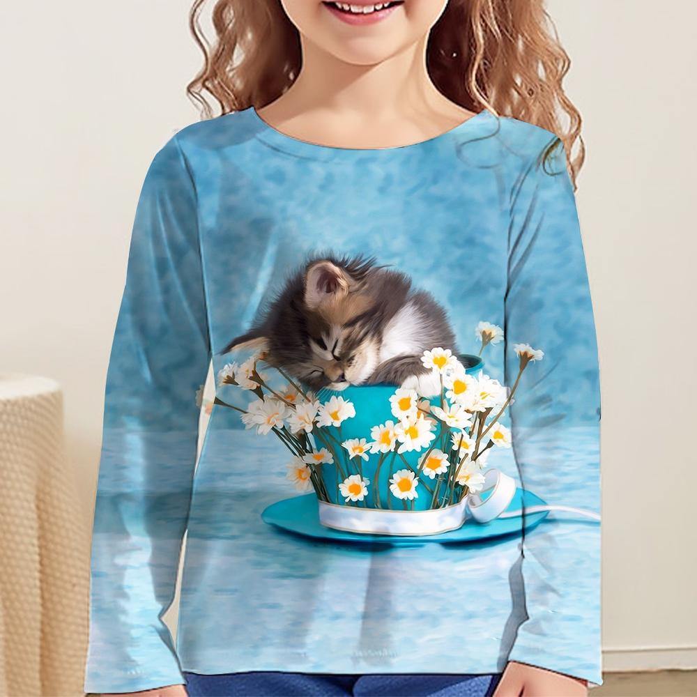 Children's Clothing Girl T-Shirts Long Sleeve 3D Cartoon Cat Print Kids Spring Fall Clothes Casual Round Neck Girl Clothes Tops