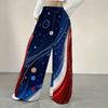 Women Plus Size Loose Straight Leg Full Length Pants Red White Blue Star Stripe Printed