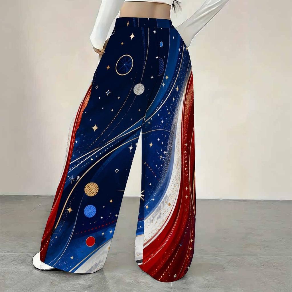 Women Plus Size Loose Straight Leg Full Length Pants Red White Blue Star Stripe Printed