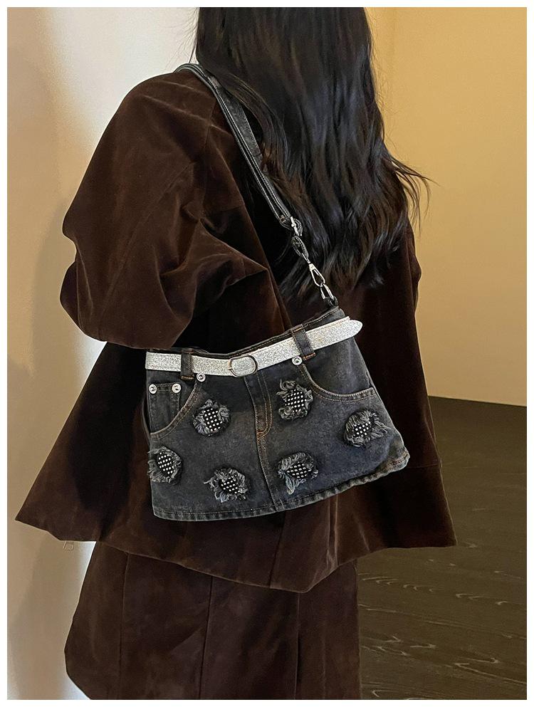 Cross-border Tassel Patchwork Denim Crossbody Bag - Trendy Single Shoulder Skirt Bag for Work or School.