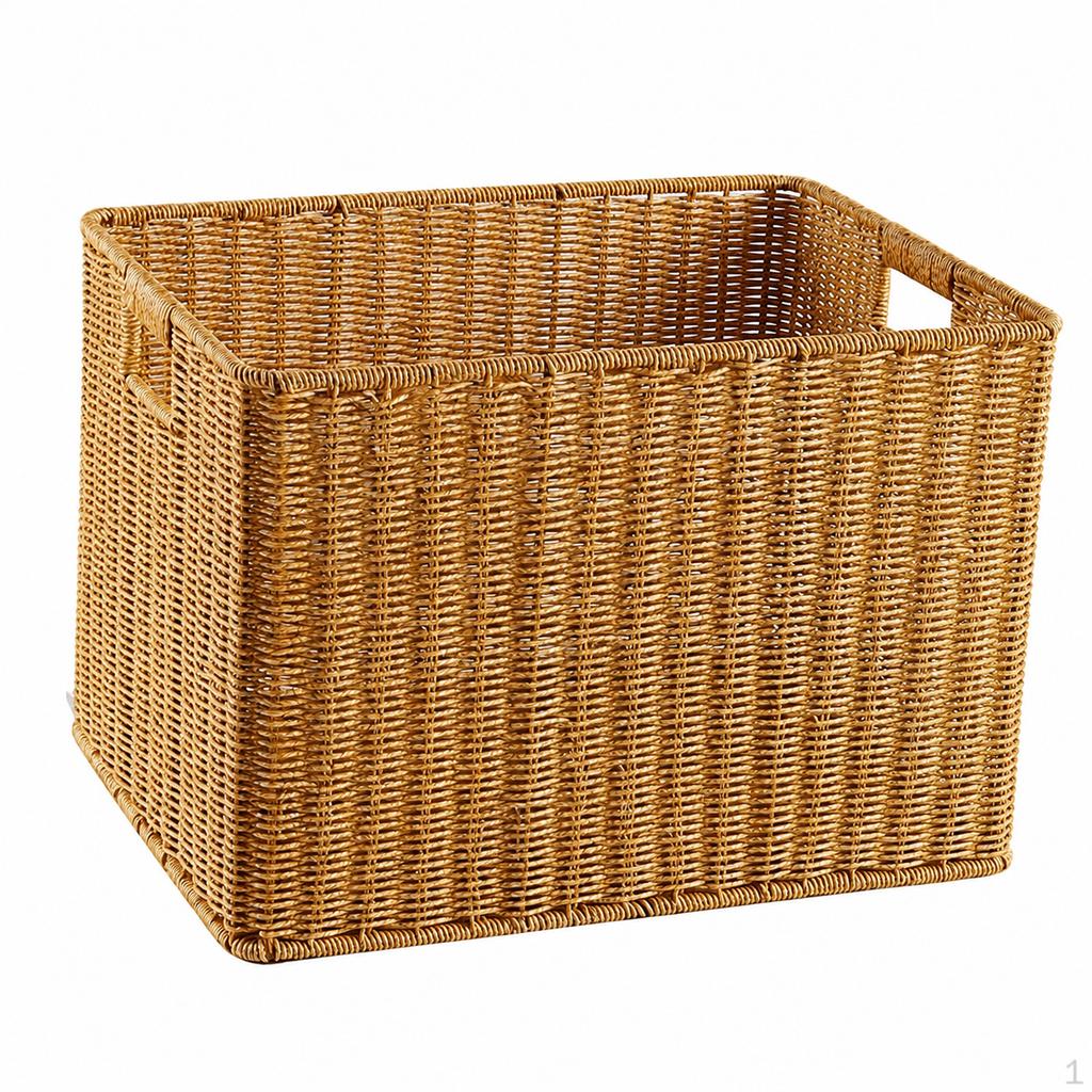 Woven Storage Baskets, Rectangular Wicker Basket with CutOut Handles, Tan Synthetic Rattan for