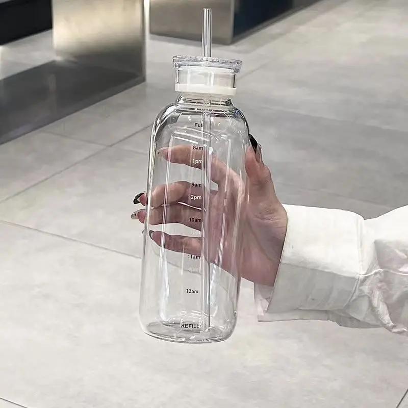 450/750ml Large Glass Water Bottle with Straw 2 Lids Clear Kawaii Drinking Bottle Leakproof Cup for Woman Girl