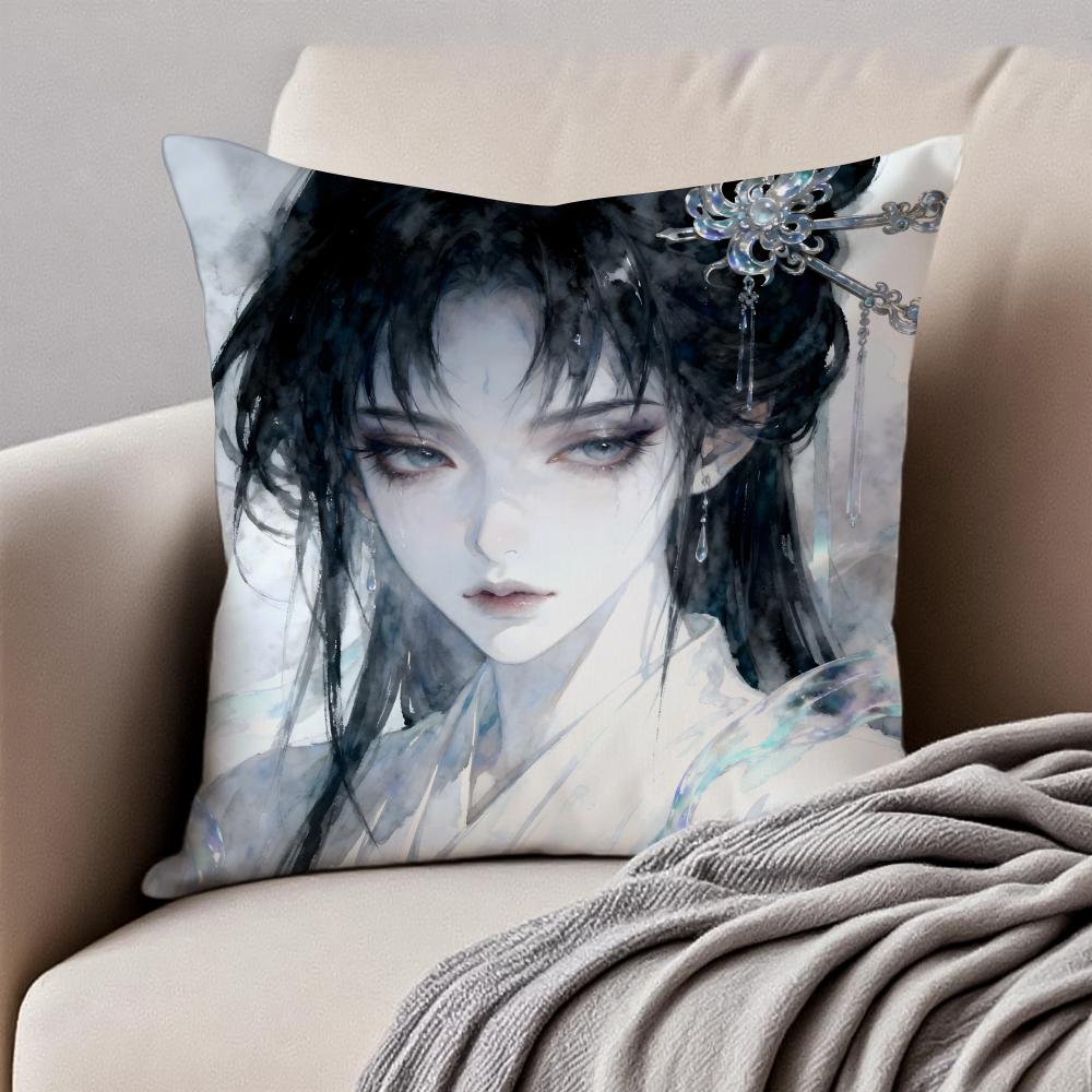 Elegant Nine Phases of Ink Painting Art Cushion Cover Pillowcase Antidustmite Invisible Zipper Short Plush Sofa Cushion