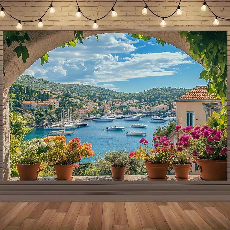 1 Mediterranean Terrace Background with Sea View Boats Flowers and Village House Beach Theme Decoration