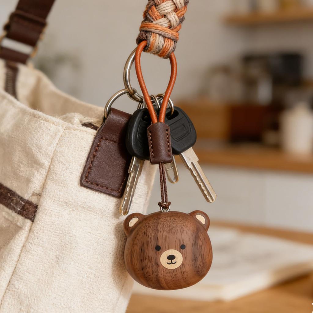 Bear Head Keychain Black Walnut Wood Keyring Phone Strap Cartoon Keyring Bag Decoration Accessory