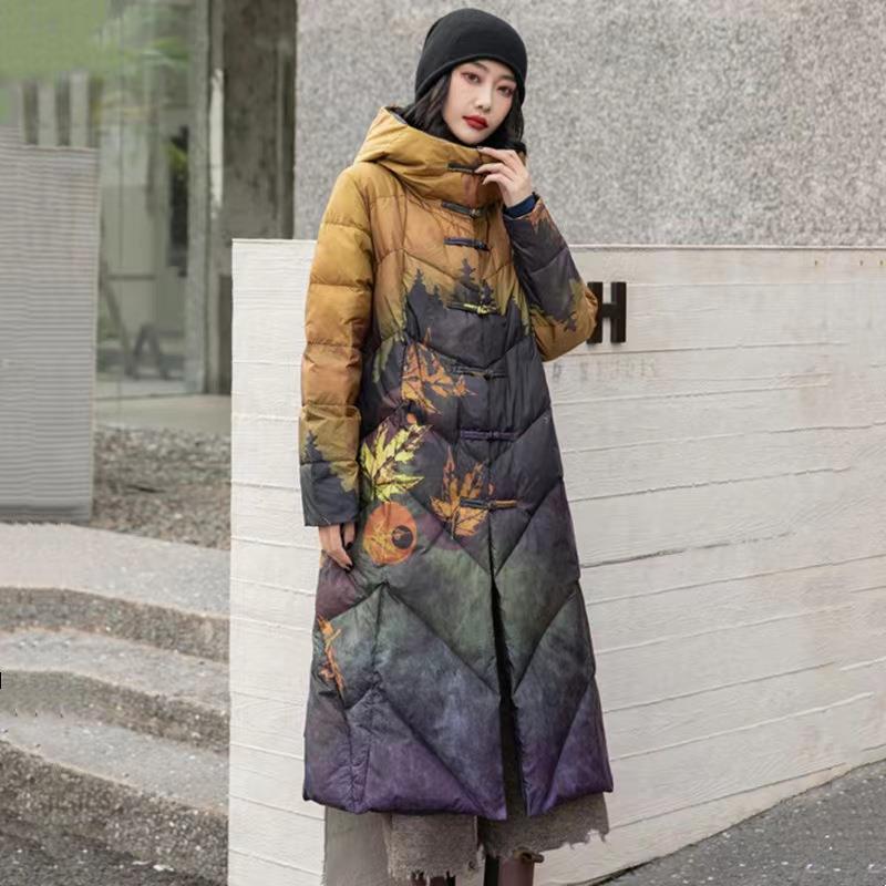 Autumn and winter new Chinese style retro buckle hooded down jacket medium and long knee white duck down fashion coat