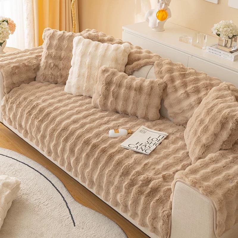 Warm Velvet Sofa Cover Imitation Rabbit Hair Thick Plush Winter Sofa Cushion Living Room Thickened Bubble Velvet Sofa Cover