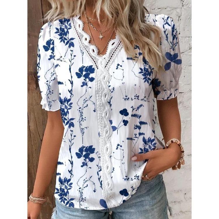 

Elegant Plus Size Womens V Neck Short Sleeve Blouse with Floral Print Lace Detail Textured Spring Summer Clothing 2XL темно-синий