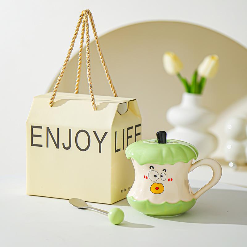 Funny Expression Apple Core Drinking Cup with Lid Spoon Souvenir Ceramic Mug Fruit Couple Cup