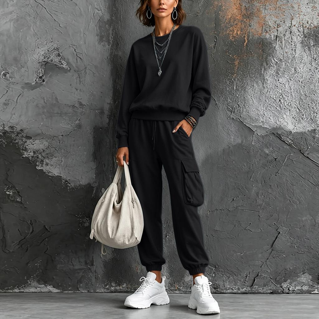Women's Casual Two Piece Set Color Neck Sweatshirt and Cargo Pocket Jogger Pants for Fall