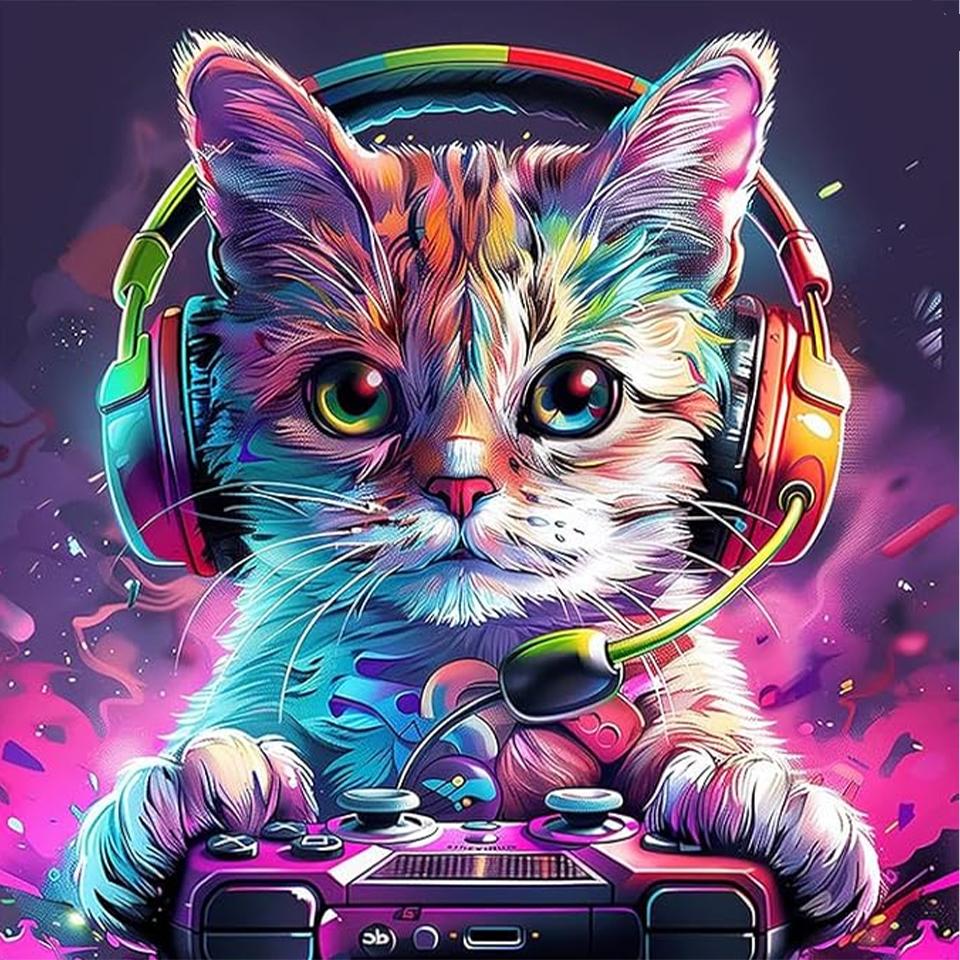 5D Diy Diamond Painting Animal Esports Cat Pattern Mosaic Inlaid Water Diamond Embroidery Colorful Painting Game Hall  Decoration