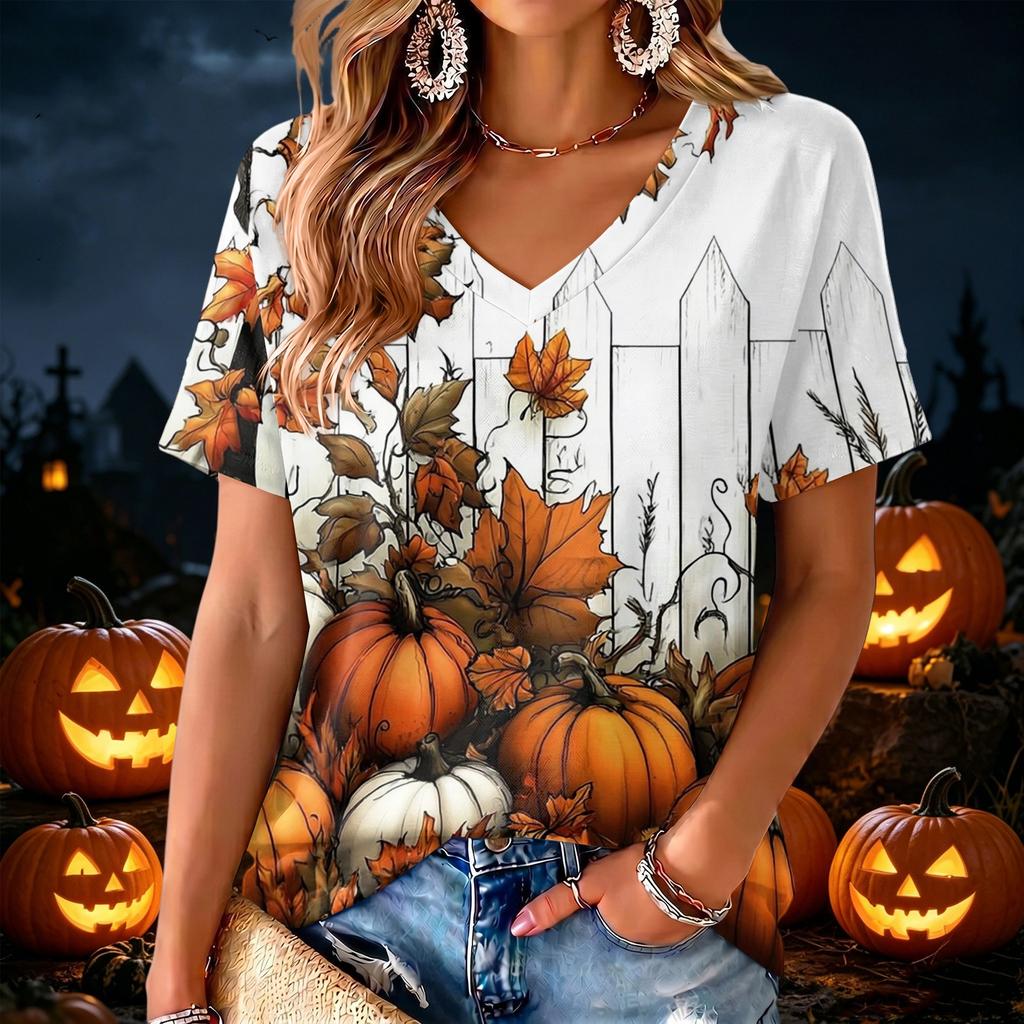 Women's V-Neck Halloween Print Lightweight Blouse for Spring and Summer Casual Wear