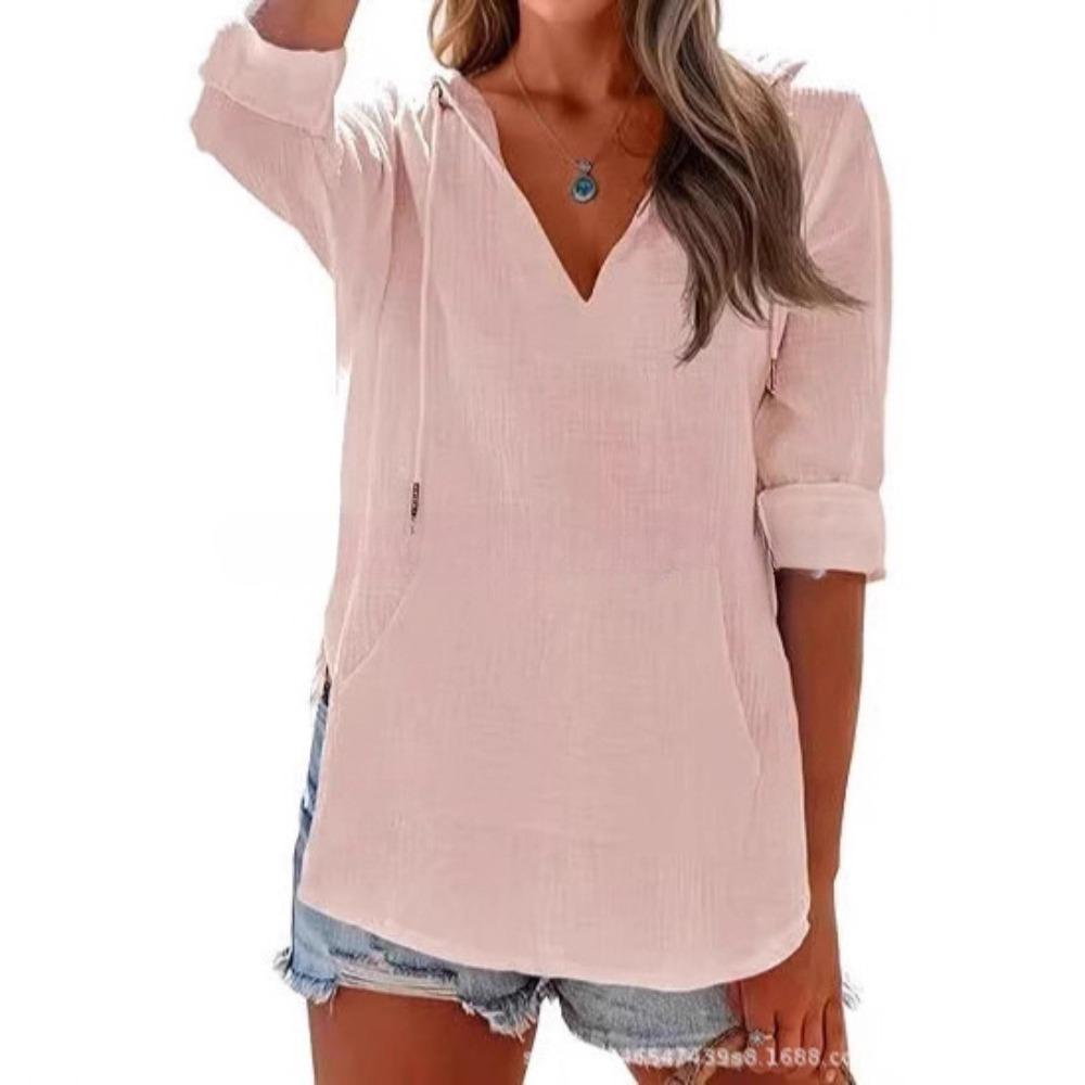 Spring and Summer Beach Cover-Up Hooded Long-Sleeved V-Neck Pockets Hooded Shirt for Women