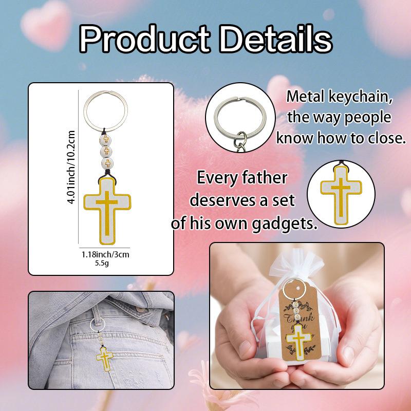 Baptism Key Ring Cross White Mesh Bag Holy Communion Gift Wooden Bead String Set Gift