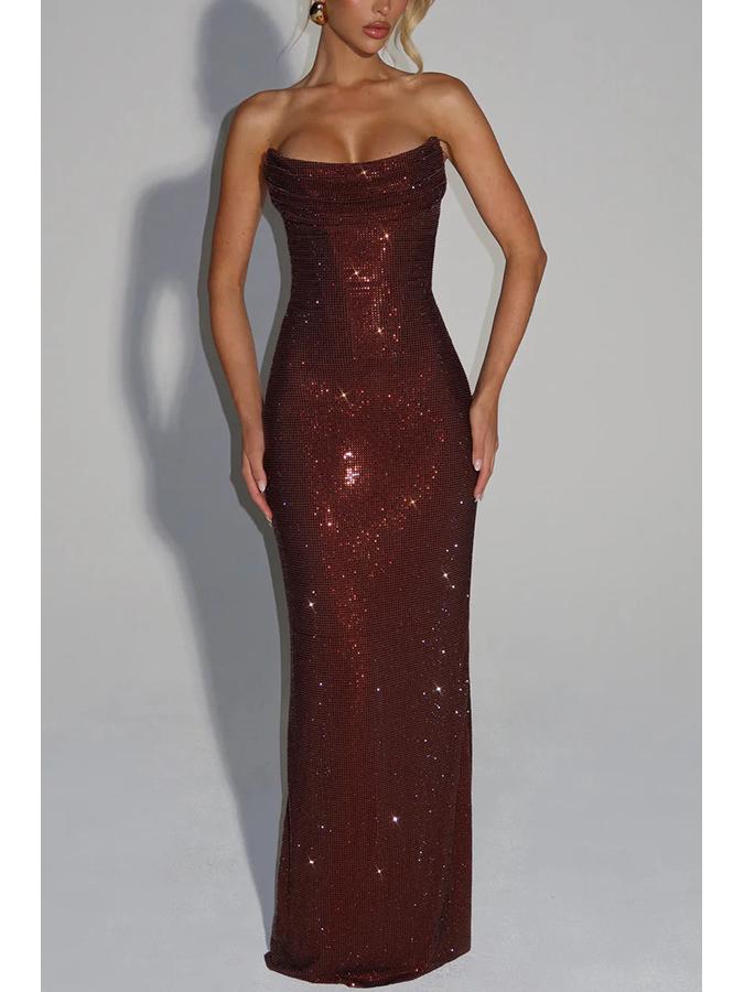 European American Women's Socialite Style Slim Fit Sleeveless Sequin Evening Gown Dress 8226