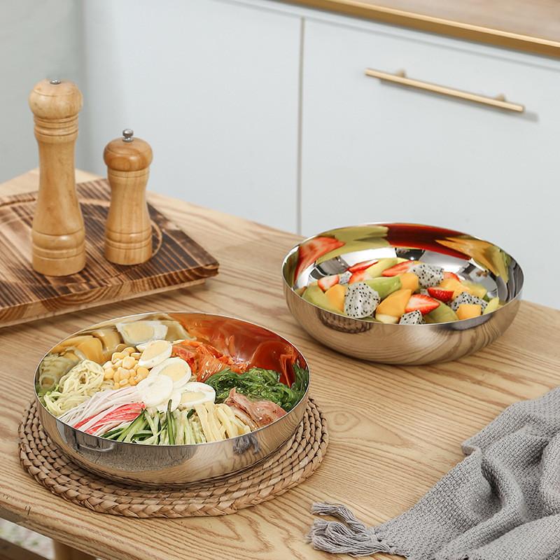 Silberne Runde Edelstahlschale, Salatschüssel, Obstteller, Esstisch-Dekoration Aufbewahrungsschale, Geschirr, Küchenutensilien
