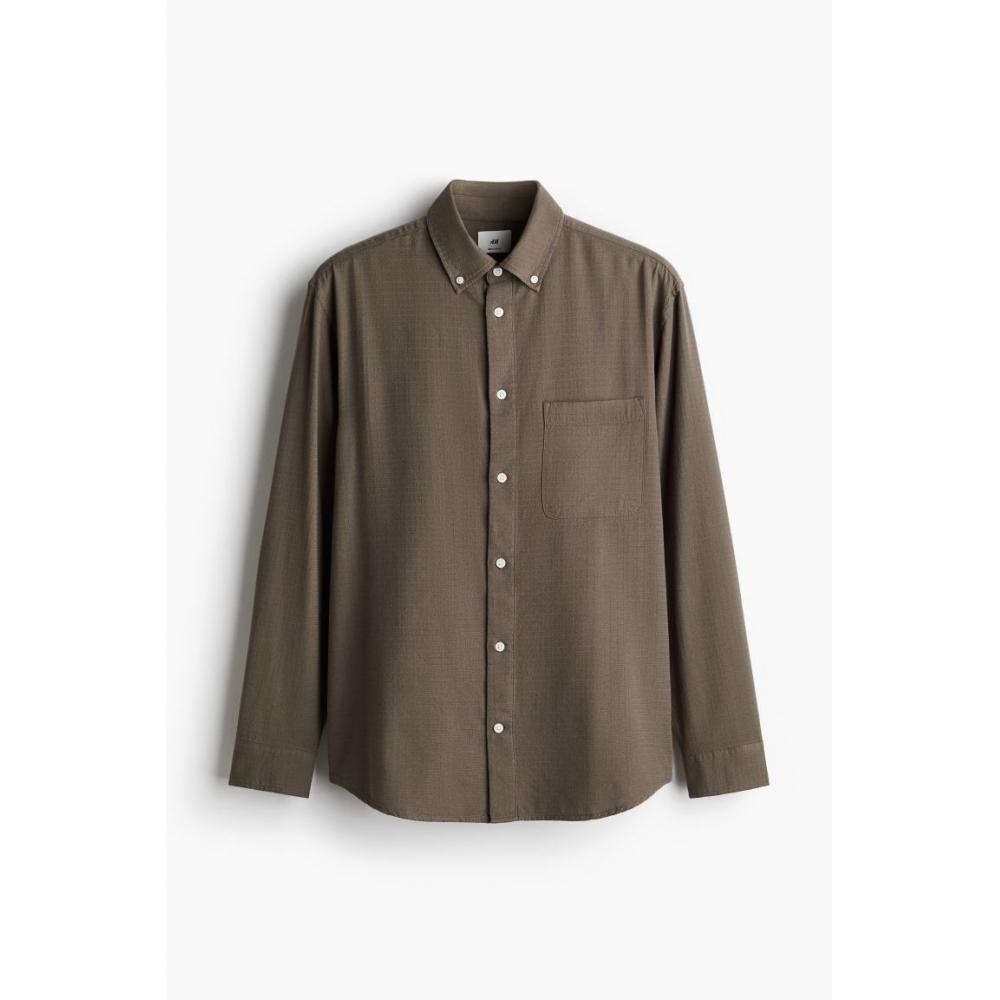 H M Textured sHirt Regular Fit kHaki Green