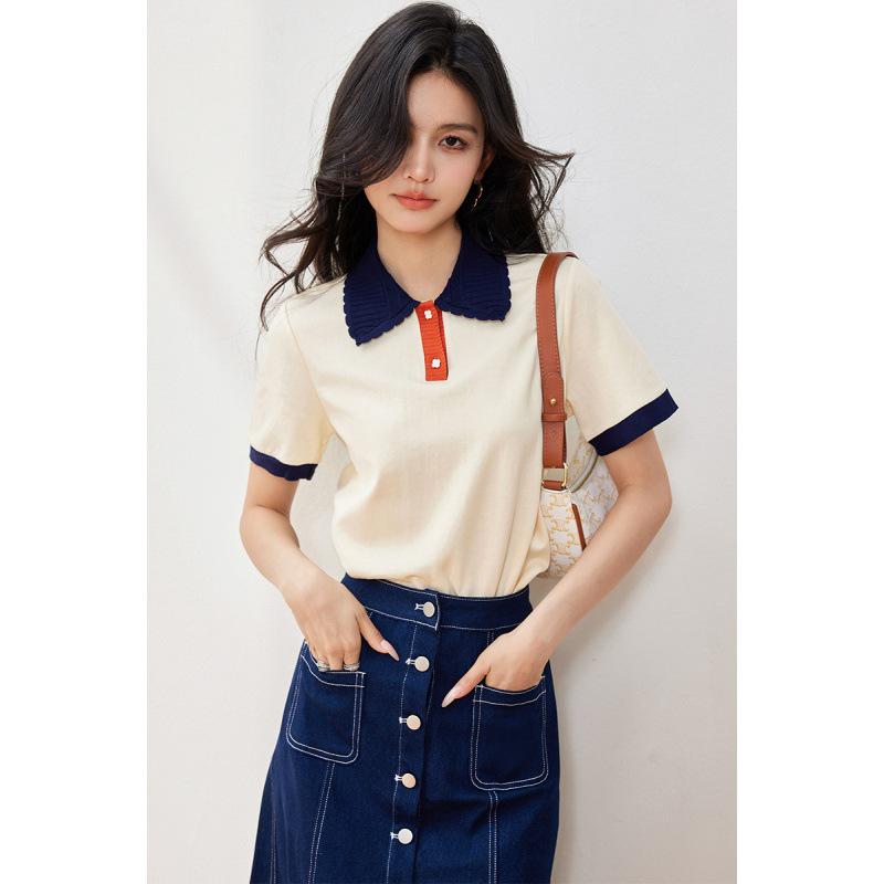 

Абрикосовый цветной блок, поло-воротник, женский облегающий топ с коротким рукавом, из двойного трикотажа, повседневный, для лета 2025 Extra Large абрикосовый