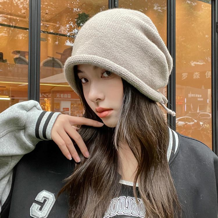 Pullover Hat Girls Drawstring Curling Lazy Wind Stacking Hat Baotou Hat Men's Solid Color Knitted Hat