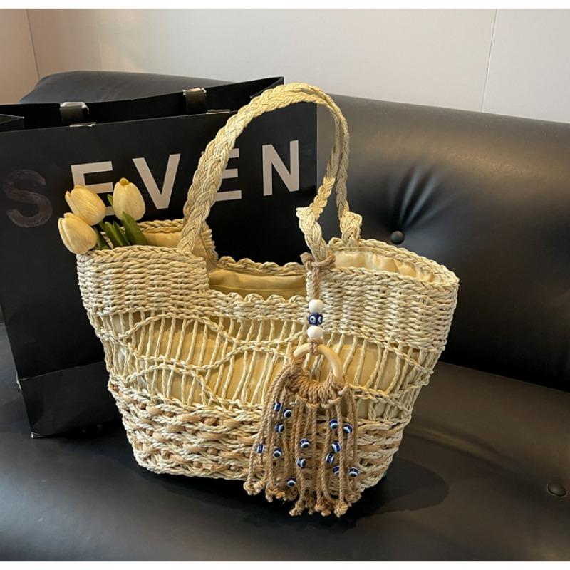 Gewebte Stroh-Umhängetasche Vielseitige große Tragetasche Hohl geflochtene Strohtasche Wellenmuster Sommer-Damentasche