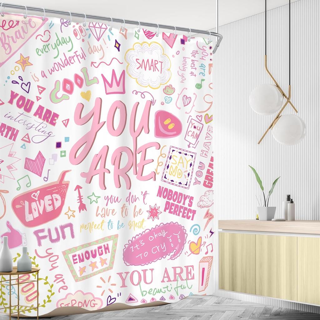 Kids Positive Quotes Shower Curtain Pink Neon Cute Funny Abstract Graffiti Girls Girly Teens You are Artwork Cloth  Waterproof