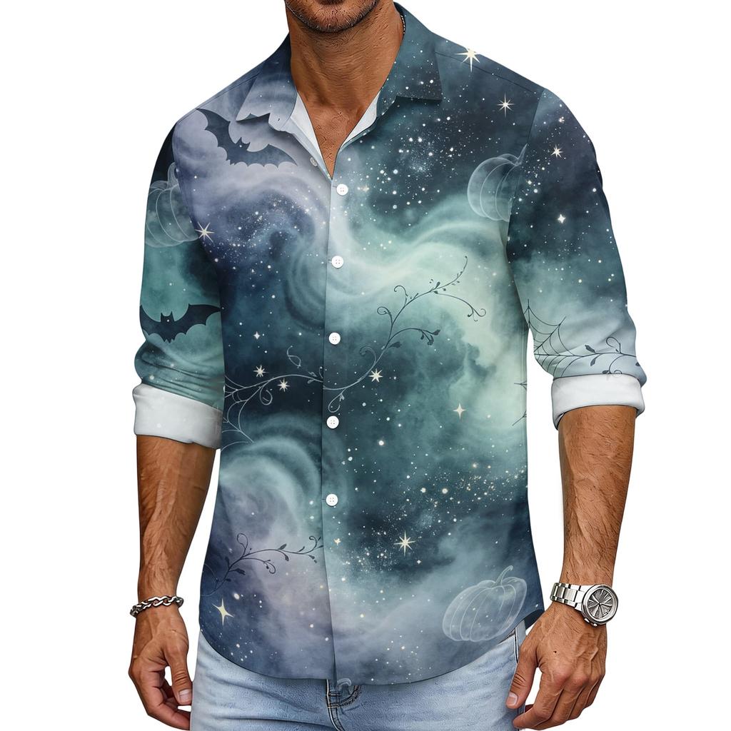 Men's Loose Fit Long Sleeve Shirt with Classic Collar Halloween Print Vintage Casual Button Down Shirt for Spring Autumn Daily Wear