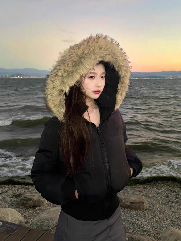 Waist Short Down Jacket Women's New Big Fur Collar Bread Jacket White Duck Down Small Winter Coat