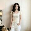 Korean Pure Desire Style Lace U-neck Short-sleeved T-shirt Women's Summer Slim and Thin Sweet Spice Girl Front Shoulder Temperament Beautiful Top