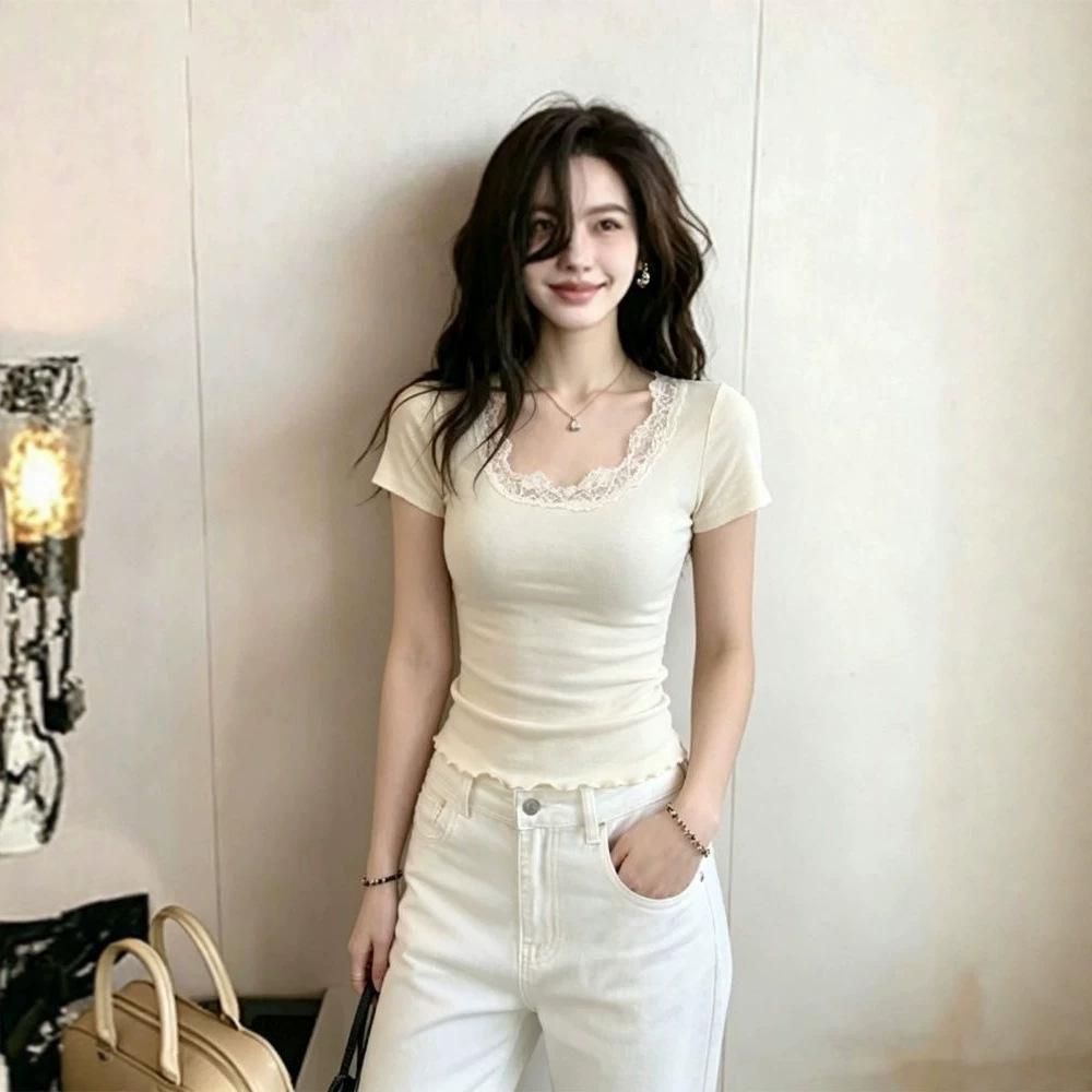 Korean Pure Desire Style Lace U-neck Short-sleeved T-shirt Women's Summer Slim and Thin Sweet Spice Girl Front Shoulder Temperament Beautiful Top
