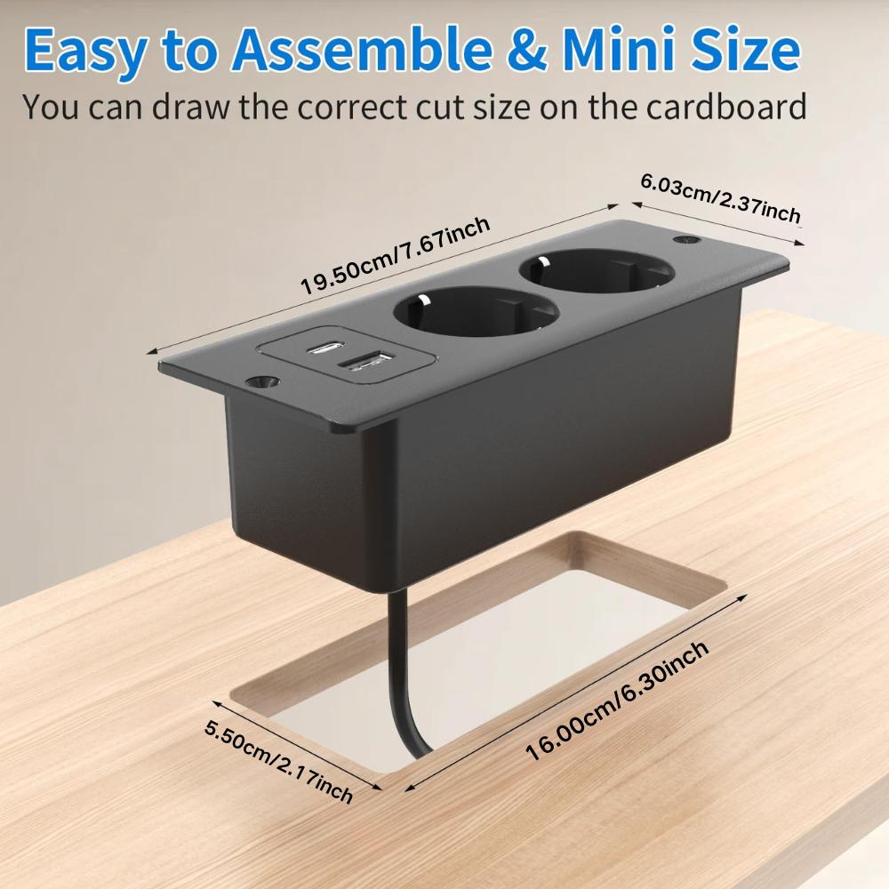 Recessed Power Strip with 2 Sockets USB A USB C Ports Embedded Furniture Charging Station for Desk Nightstand Cabinet