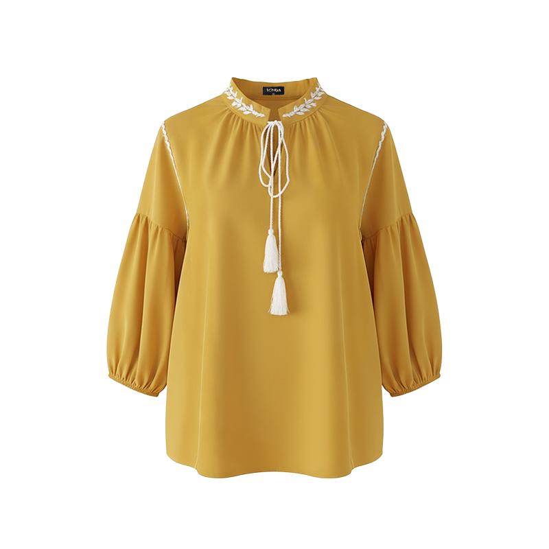 VONDA Summer Women V-Neck 3/4 Sleeve Embroidery Hem Casual Blouse