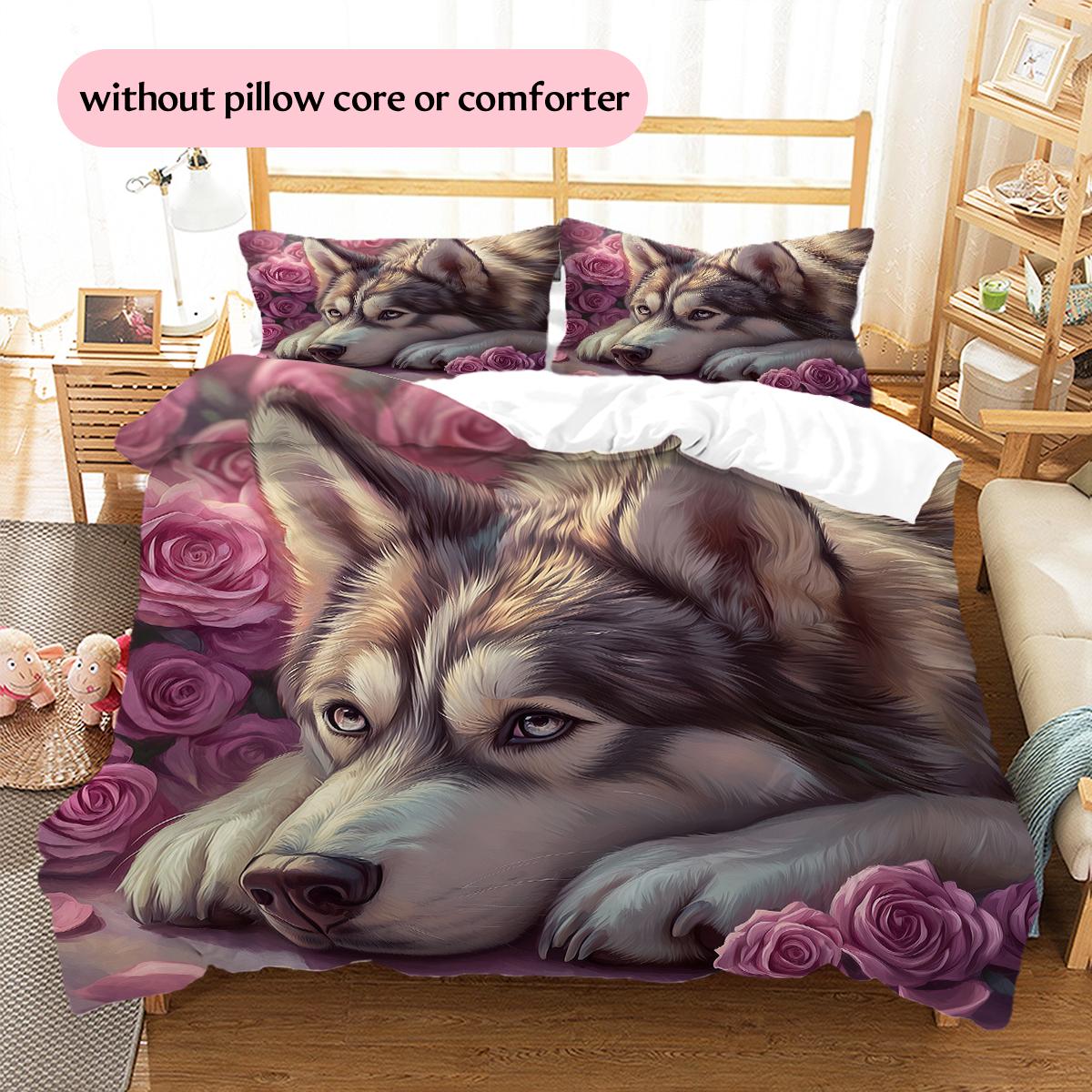 

Husky and Flowers Pattern Bedding Home Decoration Birthday Gift (1 * duvet cover + 2 * pillowcase, without core) 135x200cm