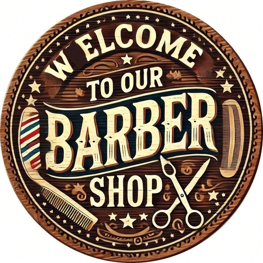 Metal Poster Wall Art Barber Sign Round Rustic Vintage Home Decor