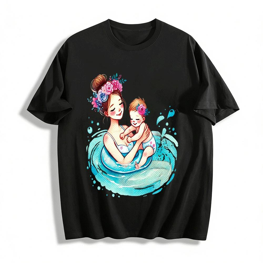 Warm Parent-Child Swimming Time Print Casual Adult T-Shirt Pure cotton T-shirt XXS