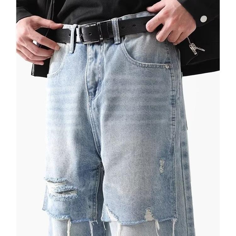 JYL Men's Straight Jeans American Vintage Blue Ripped Patch Loose Wide-Leg Denim