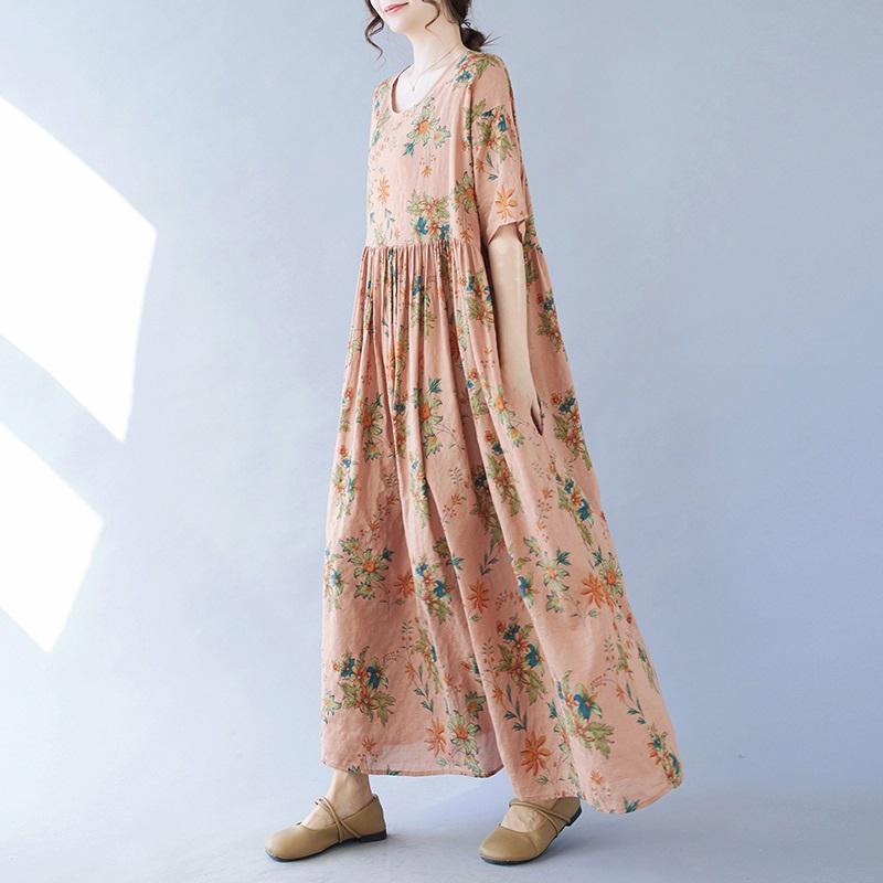 Short Sleeve Plus Size Cotton Vintage Floral New In Dresses for Women Casual Loose Long Summer Dress