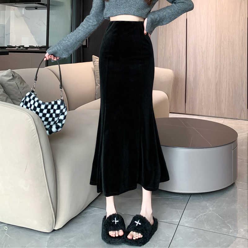830 Composite Super Soft Black Gold Velvet High-Waist Fishtail Skirt - Women's Retro Slimming Mid-Length Hip-Hugging Skirt