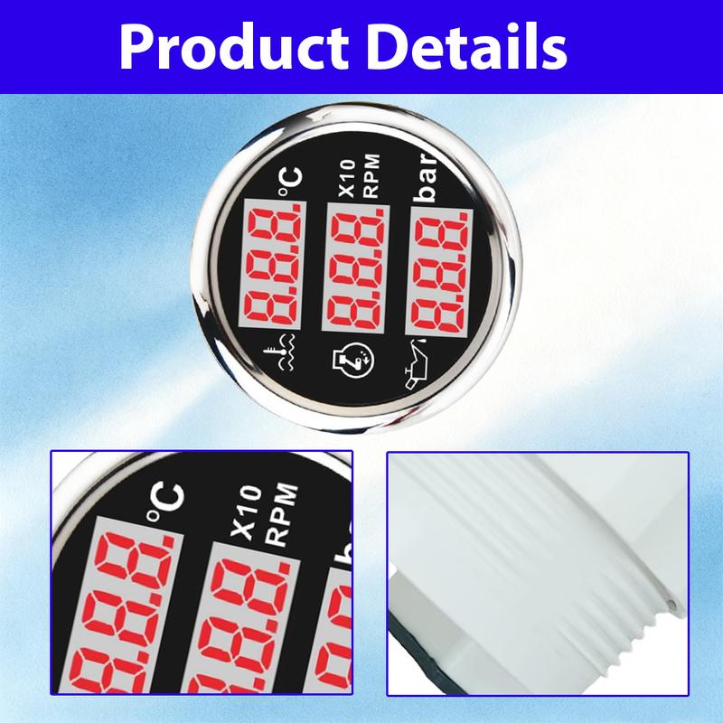 52mm 12V24V 0-120 C Car 3 IN 1 Gauge Water Temperature +Oil Pressure +Voltmeter with Alarm Red LED Digital Water Temp Gauge