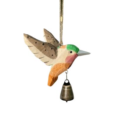 Hand-Carved Hummingbird Figurine Wooden Wood Grain Flying Bird Sculpture with Bell with Soothing Sound Mini Sculpture