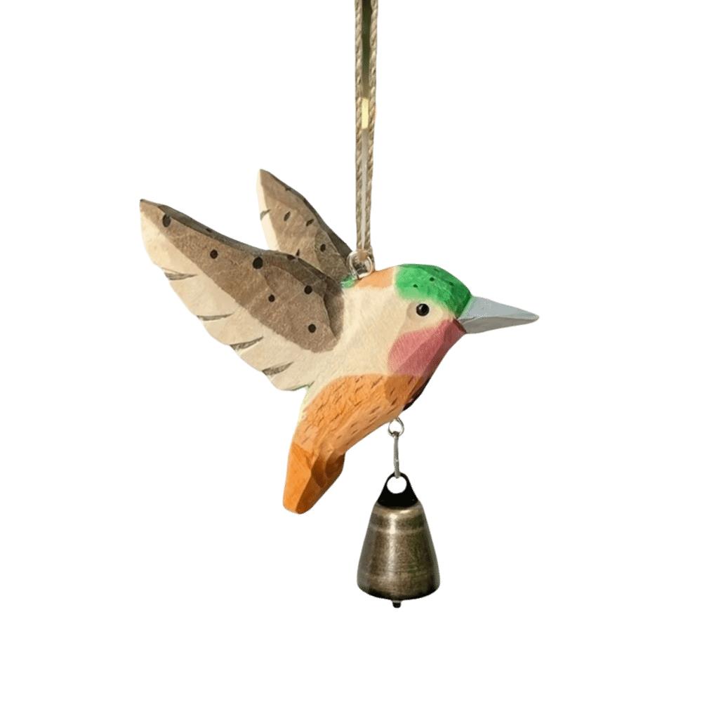 Hand-Carved Hummingbird Figurine Wooden Wood Grain Flying Bird Sculpture with Bell with Soothing Sound Wind Chime Pendant