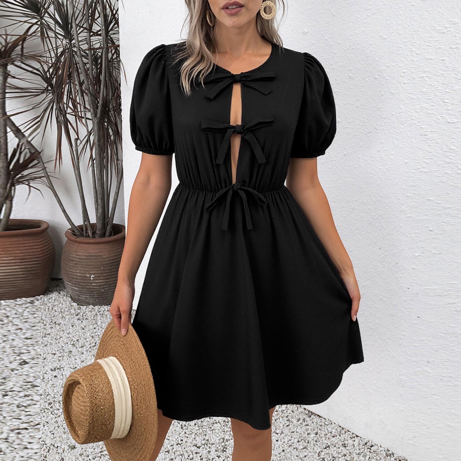 

Женское модное ретро-платье с круглым вырезом и бантом S чёрный