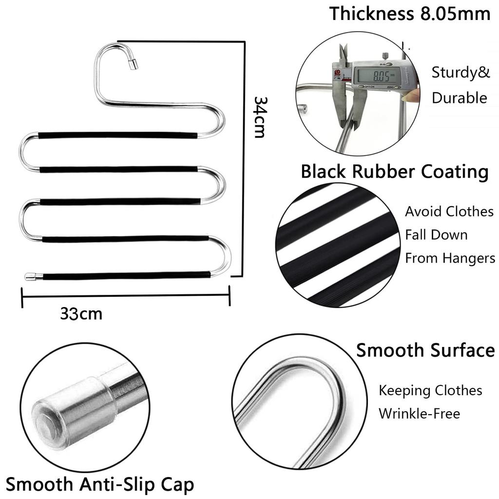 5 Layer S Shaped Pants Hanger Stainless Steel Non-Slip Multifunction Trousers Ties Wardrobe Organizer