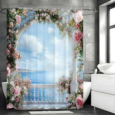 Ocean View Rose Flower Balcony Shower Curtain, Bathroom Decorative Shower Curtain, Waterproof Shower Curtain with Hooks