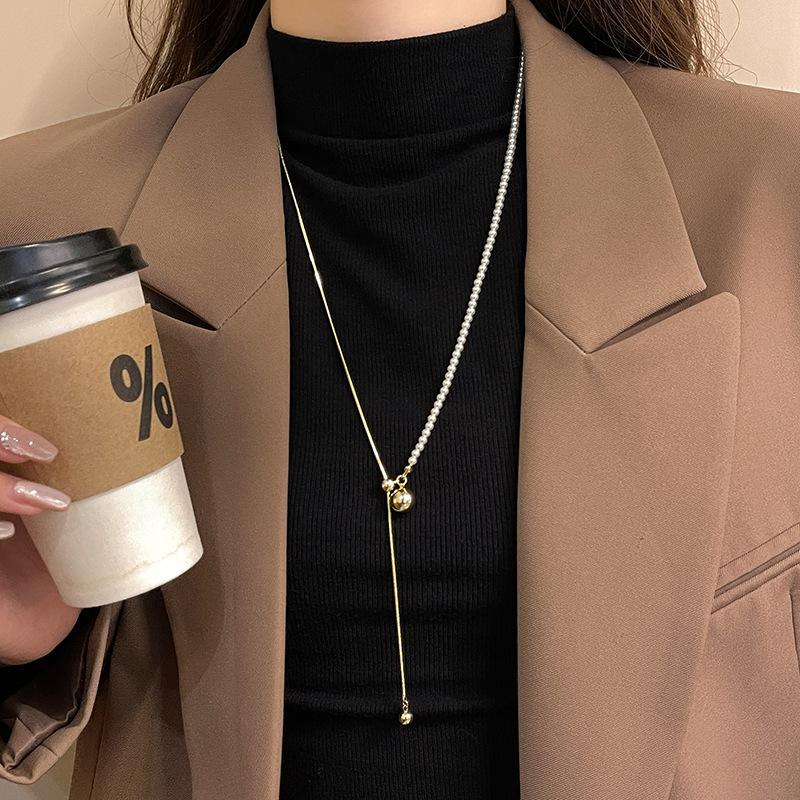 Long Winter-spring Style Adjustable Pearl Ball Sweater Necklace with Delicate Snake Bone Chain