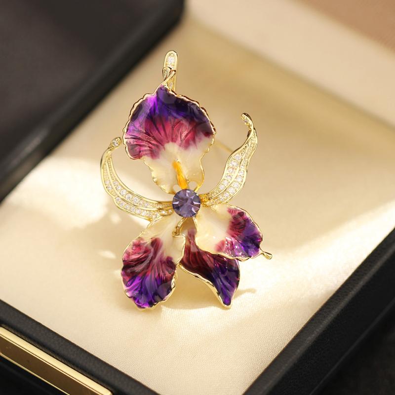 Broșe Elegante cu Floare de Orhidee Emailată Frumoase Accesorii Pins cu Plante pentru Haine de Damă Genți Cadouri